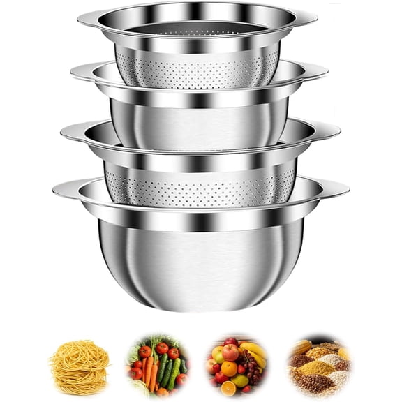 4 PCS Stainless Steel Colander and Mixing Bowl Set, 3QT & 5QT Strainer Bowls with Handle, Metal Mesh Basket for Washing Rice, Pasta, Fruit, Vegetables, Kitchen Draining Set