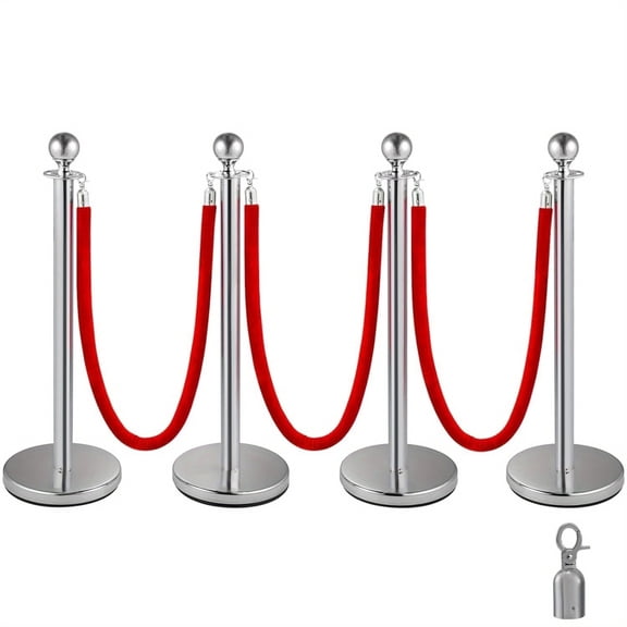 4 PCS Stainless Steel Stanchion Post, 5 Ft Velvet Ropes and Poles Crowd Control Barriers with Fillable Base, Exhibition Crowd Control Poles for Theaters, Parties, Weddings, Exhibitions, Silver