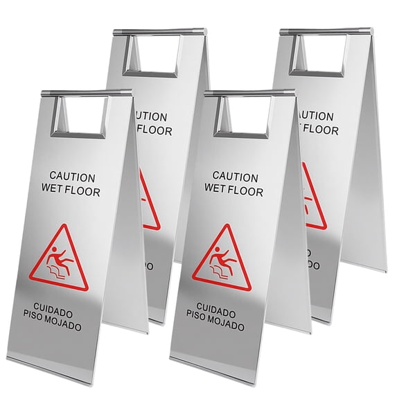 4 PCS Stainless Steel Wet Floor Caution Sign, 24in Caution Wet Floor Signs, Portable Foldable Bilingual Safety Sign, for Kitchen, Restaurant, Shop, Restroom, Silver