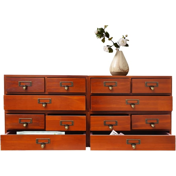 4 PCS Storage Cabinet, 12-Drawer Tabletop Wooden Rectangle Storage Box W/Label Holder & Handle,Traditional Apothecary Curio Cabinet,Storage Organizer For Pharmacy, Office, Porch, Living Room (Brown)