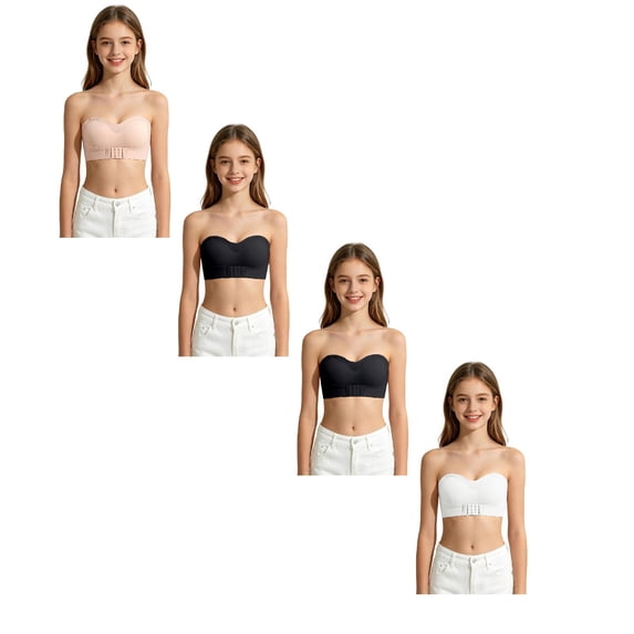 4 PCS Strapless Bra Teen Strapless Bandeau Bra for Girls 10-12 12-14 14-16 Wireless Side Support With Dual-Color Adjustable Straps