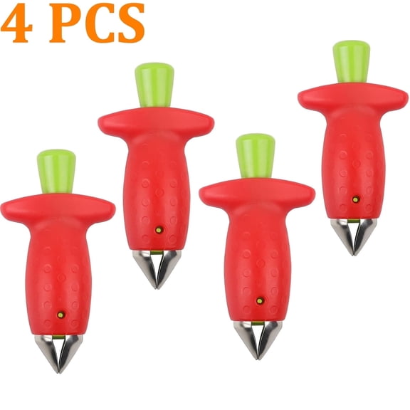 OFEFE 4 PCS Strawberry Corer Tool,Strawberry Huller Fruit Slicer Set, Strawberry Stem Plucker Red/Green, quick Remove Strawberry berry Stem Tool, Kitchen Tools and picnic Gadgets