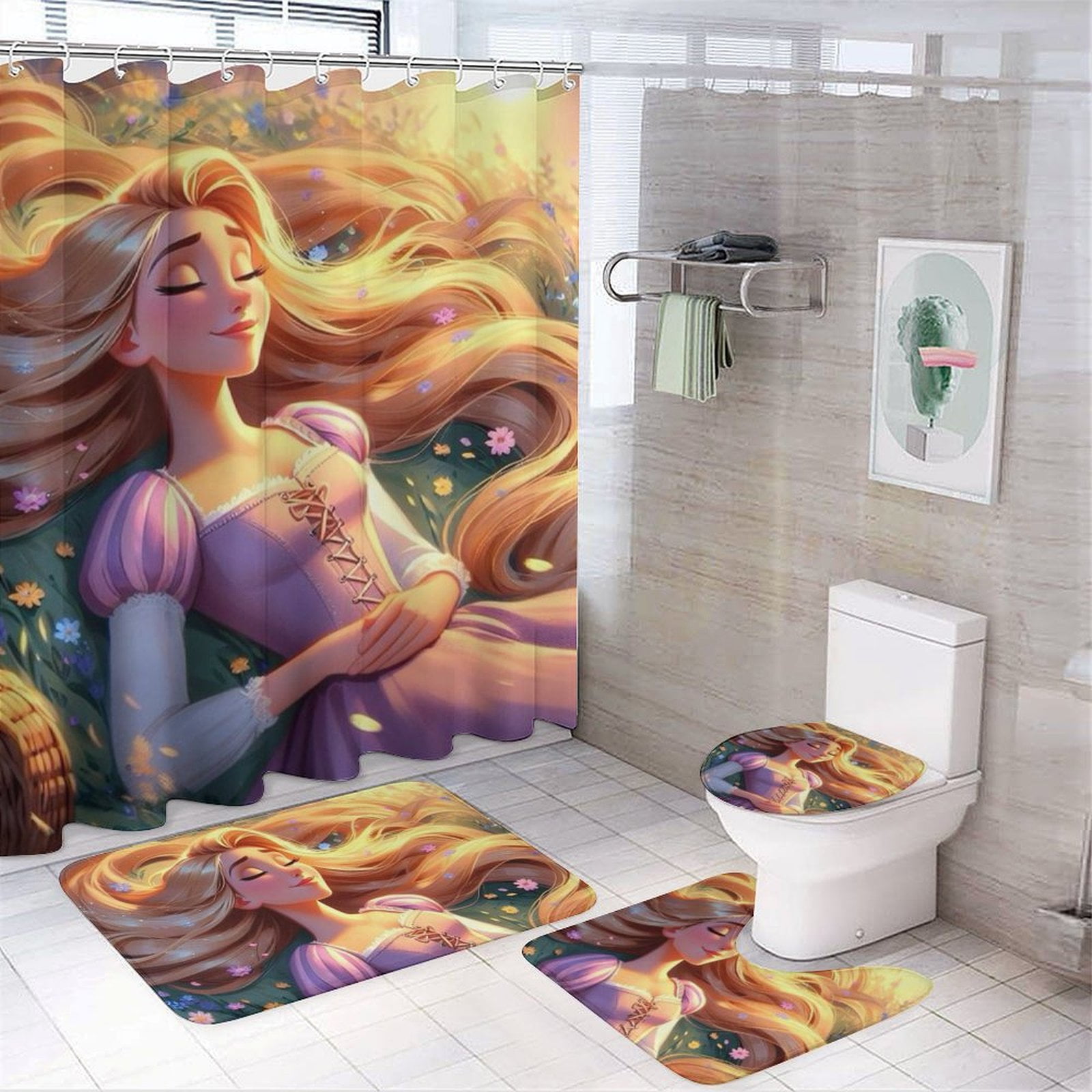 4 PCS Tangled Rapunzel Shower Curtain Set for Boys Girls Kids Bathroom