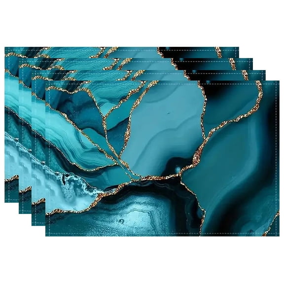 4 PCS of Teal Marble Placemats 12x18, Gold Crack Non Slip Place Mats, Abstract Metallic Texture Table Mats for Dining Table, Luxury Shinny Boho Hippie Fluid Placemats
