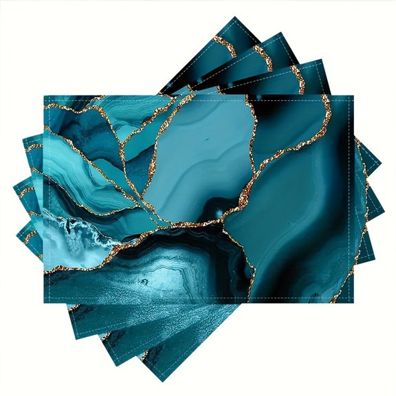 4 PCS of Teal Marble Placemats 12x18, Gold Crack Non Slip Place Mats, Abstract Metallic Texture Table Mats for Dining Table, Luxury Shinny Boho Hippie Fluid Placemats