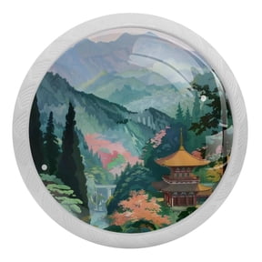 4 PCS Temple Mountains Painting Crystal Glass Round Cabinet Knob Drawer Pull Handle Glowing in The Dark for Kitchen, Cupboard, Dresser, Wardrobe, etc
