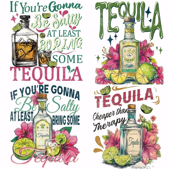 4 PCS Tequlia Bottle Iron on Transfer Paper Lemon Flower Heat Transfer Sticker Summer Drinking Iron-on Decals DTF Transfers Ready to Press