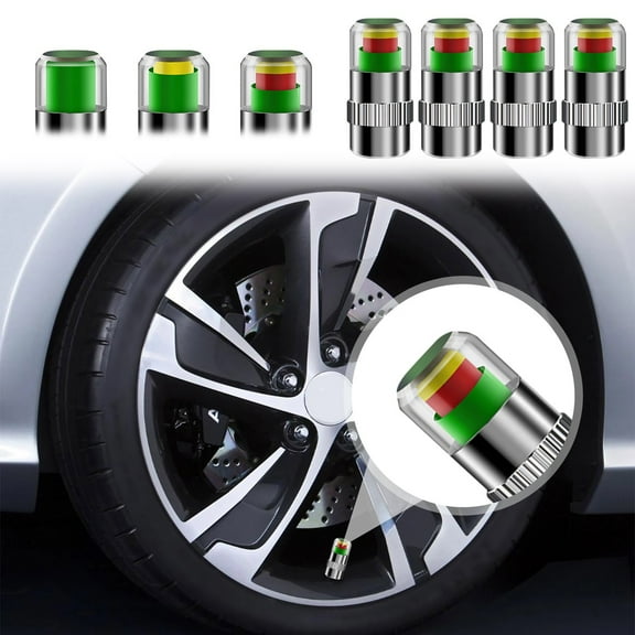 4 PCS Tire Pressure Monitor Valve Stem Caps, Car Tire Pressure Monitor Sensor Indicator with 3-Color Eye Alert, Universal Valve Stem Caps for Cars