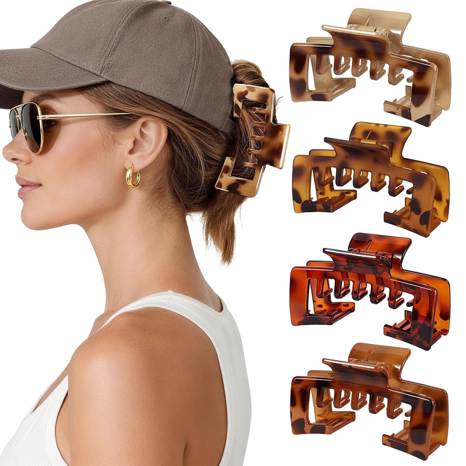 4 PCS Tortoise Shell Hair Claw Clips for Baseball Caps – Adjustable Non-Slip Strong Hold for Trucker Hats, for Thick & Thin Hair, Gift Hair Accessories