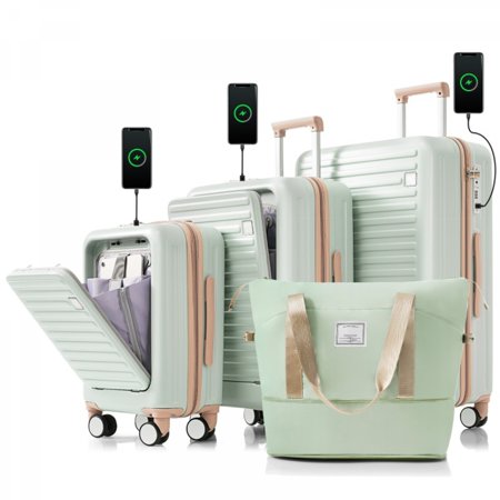 4 PCS Travel Luggage Kit with USB Port, 20/24/28 Inch Suitcase Set & Handbag with Front Opening, ABS   PP Lightweight Hardside Airline Certified Carry on Luggage Set with Cup Holder - Green