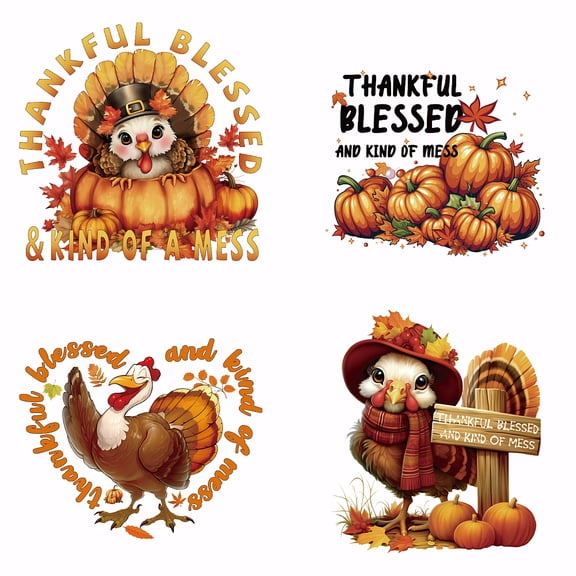 4 PCS Turkey Pumpkin Heat Transfer Thanksgiving Iron-On Transfers Plastic Stickers Set Clothing Iron on Decals