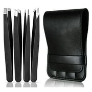 4 PCS Tweezers for Women Facial Hair with Travel Case, Great Precision Upgrade Professional Anti-rust Alloy Tweezers for Women & Men, Multi-purpose as Eyebrows Facial Hair Ingrown Hair Removal, Black