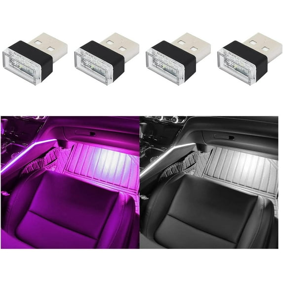 4 PCS USB LED Car Interior Atmosphere Lamp, Plug-in USB Decor Night Light, Portable Auto Ambient Lighting Kit, Universal Vehicle Interior Accessories for Most Cars (White & Purple)