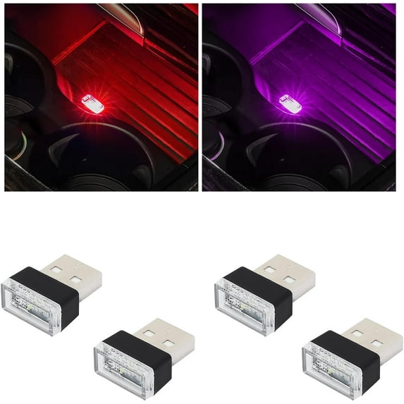 4 PCS USB LED Car Interior Atmosphere Lamp, Plug-in USB Decor Night Light, Portable Auto Ambient Lighting Kit, Universal Vehicle Interior Accessories for Most Cars (2 Red+2 Purple)
