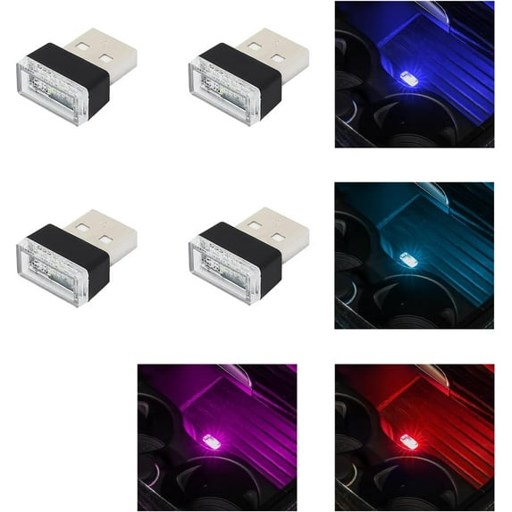 4 PCS USB LED Car Interior Atmosphere Lamp, Plug-in USB Decor Night Light, Portable Auto Ambient Lighting Kit, Universal Vehicle Interior Accessories for Most Cars (Blue+Ice Blue+Red+Purple)