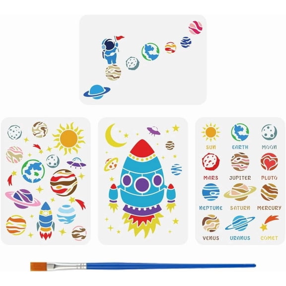 4 PCS Universe Space Painting Stencil with Brush 8.3x11.7inch Planets Astronauts Rocket Sun Moon Star Stencil DIY