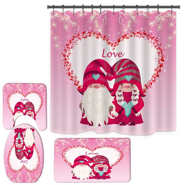 4 PCS Valentines Shower Curtain Romantic Shower Curtain Sets with Non-Slip Rug, Toilet Lid Cover, Bath Mat and 12 Hooks, Durable Waterproof Shower Curtain Sets