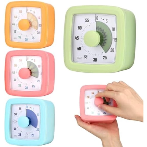 4 PCS Visual Timer, 60 Minutes Countdown Clock, Colored Mechanical Time Management Tool, Quiet Operation Design with Clear Dial Display for Reading, Home Office Focus, Productivity Training