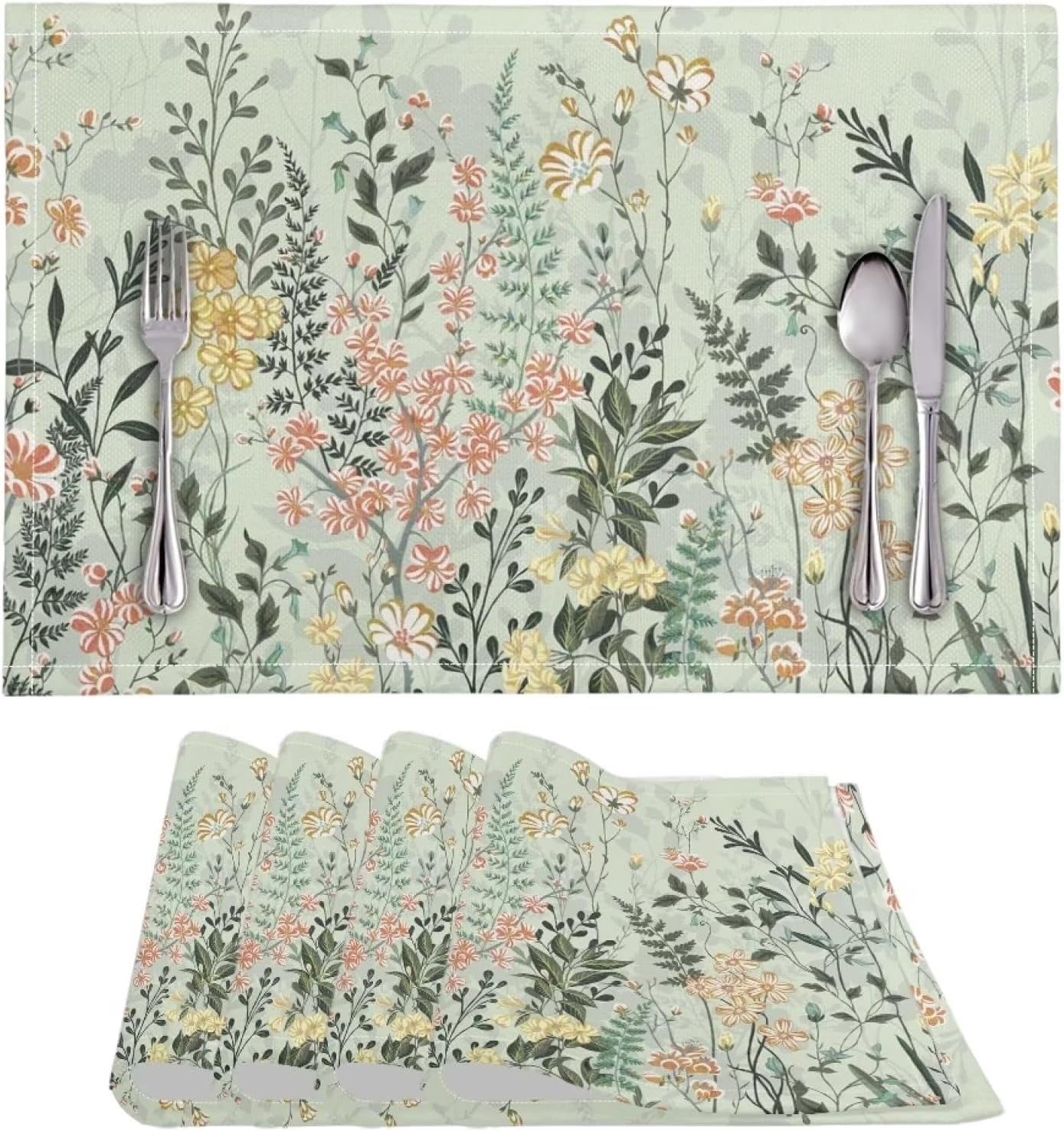 4 PCS Washable Tablemats for Home Farmhouse, Easy to Clean Foldable Heat Resistant linen Weave Rectangle Table Mats for Home Ornaments, Flower Leaf Green