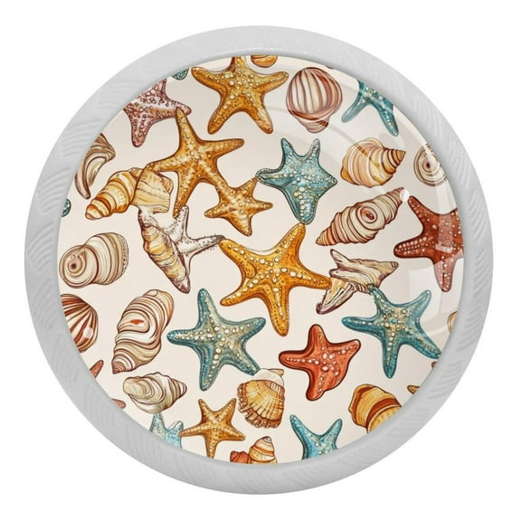 4 PCS Watercolor Sea Shells Starfish Crystal Glass Round Cabinet Knob Drawer Pull Handle Glowing in The Dark for Kitchen, Cupboard, Dresser, Wardrobe, etc