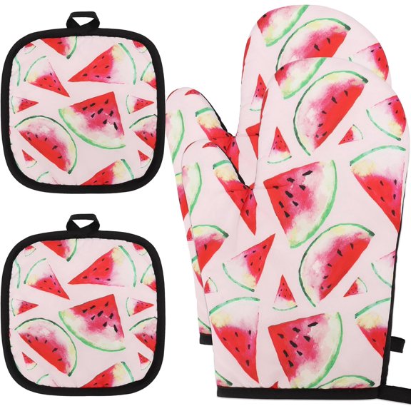 4 PCS Watermelon Oven Mitts and Potholders Set, Watermelon Oven Mitt Pot Holders Heat Resistant Non-Slip Cooking Gloves for Summer Holiday Grilling Baking Party Fruits Favors Decor
