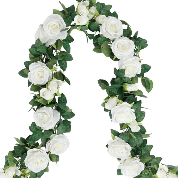 4 PCS Wedding Arch Flowers, 26Ft Artificial Flower Garland Fake Flowers Garland Spring Garland with White Rose Buds and Flowers for Decoration, Rose Floral Vine for Bedroom Wall Table