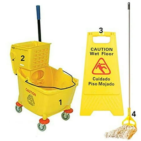 "(4-PCS) Wet Mop Kit with 35 Qt. Yellow Mop Bucket, Wet Floor Sign, Mop Head, and Handle -Complete Set"