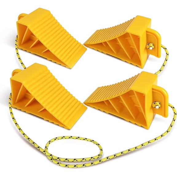 4 PCS Wheel Chocks with Rope for Travel Trailers, Non-Slip Grooved Blocks RVs, Campers, Trucks, Cars, Boat Parking Stabilizer RV Accessories, Easy to Carry, Yellow