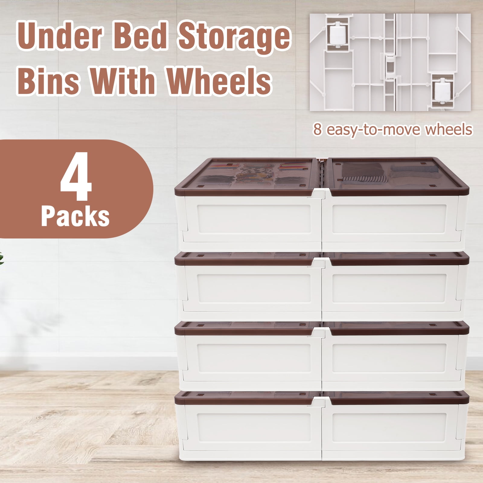 4 PCS Wheeled Under Bed Storage Boxes, Stackable Under Bed Plastic