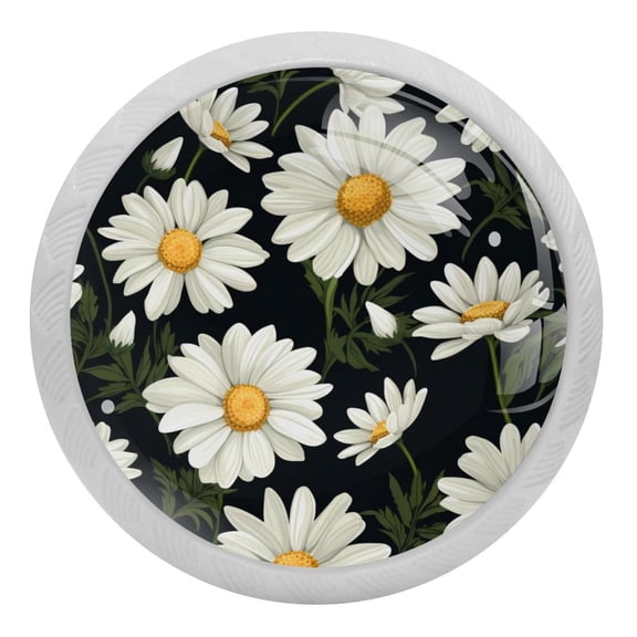 4 PCS White Daisy Flowers Crystal Glass Round Cabinet Knob Drawer Pull Handle Glowing in The Dark for Kitchen, Cupboard, Dresser, Wardrobe, etc