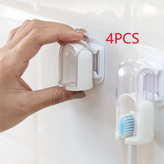 4 PCS White Toothbrush Holder Wall Mounted with Cover for Bathroom, Self Adhesive Toothbrush Storage Organizer for Shower, Mini Toothbrush Hanger Rack for Dorm, Cabinet