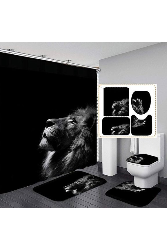 4 PCS Wild Lion Shower Curtain Sets with Non-Slip Rugs and Toilet Lid Cover Black Majestic Forest King Bath Decor Shower Curtains 72"x 72" with 12 Hooks Durable Waterproof for Bathroom