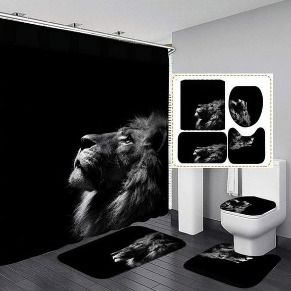 4 PCS Wild Lion Shower Curtain Sets with Non-Slip Rugs and Toilet Lid Cover Black Majestic Forest King Bath Decor Shower Curtains 72"x 72" with 12 Hooks Durable Waterproof for Bathroom