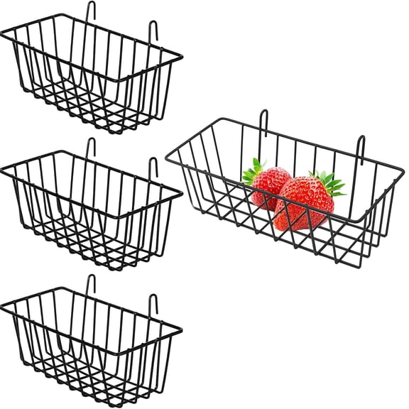 4 PCS Wire Baskets Wall Grid Panel Hanging Wire Basket Tutuviw No Drilling Wall Hanging Metal Baskets Grid Wall Storage Basket for Wall, Kitchen, Home Decor Supplies, Black