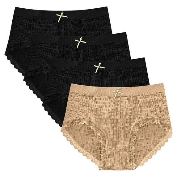 4 PCS Women Comfy Underwear Mid Waist Lace Trim Briefs Ladies Bikini Panties No Show Soft Hipster Panty