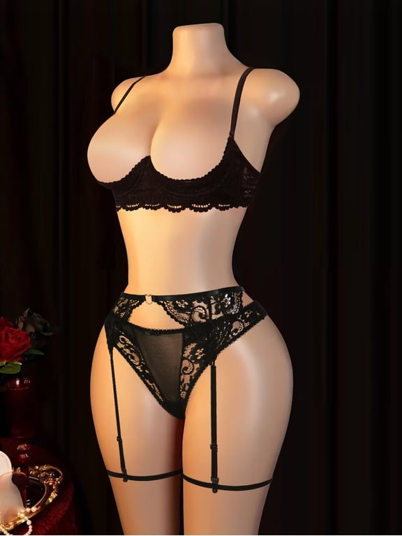 4 PCS Womens Bra and Panty Garter Straps and Leg Loops Set Lace Thong Bralette Unlined Busiter Balconette Bra Half Cup Lace Bra Elegance Lace Thong