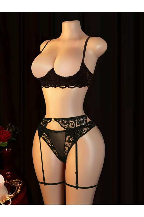 4 PCS Womens Bra and Panty Garter Straps and Leg Loops Set Lace Thong Bralette Unlined Busiter Balconette Bra Half Cup Lace Bra Elegance Lace Thong
