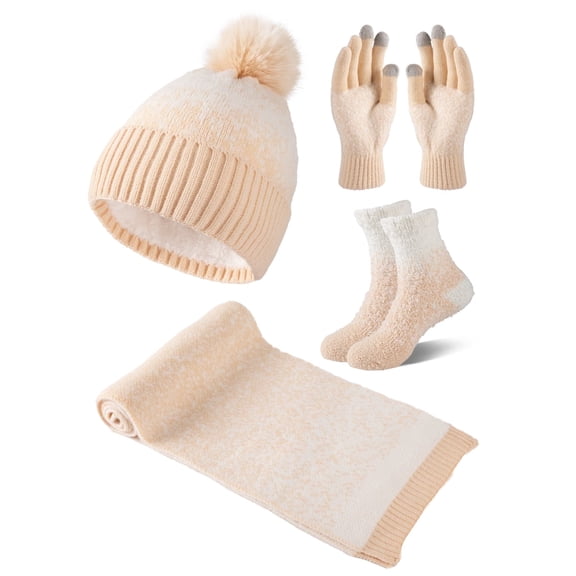 COOPLUS 4 Pcs Women Winter Hat Scarf Gloves Socks Set Knitted Beanie Cap Touchscreen Gloves Long Neck Warmer Set with Warm Floor Socks for Women
