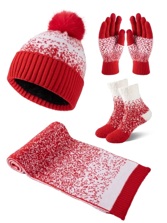 4 Pcs Women Winter Hat Scarf Gloves Socks Set Knitted Beanie Cap Touchscreen Gloves Long Neck Warmer Set with Warm Floor Socks for Women