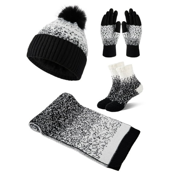 COOPLUS 4 Pcs Women Winter Christmas Hat Scarf Gloves Socks Set Knitted Beanie Cap Touchscreen Gloves Long Neck Warmer Set with Warm Floor Socks for Women