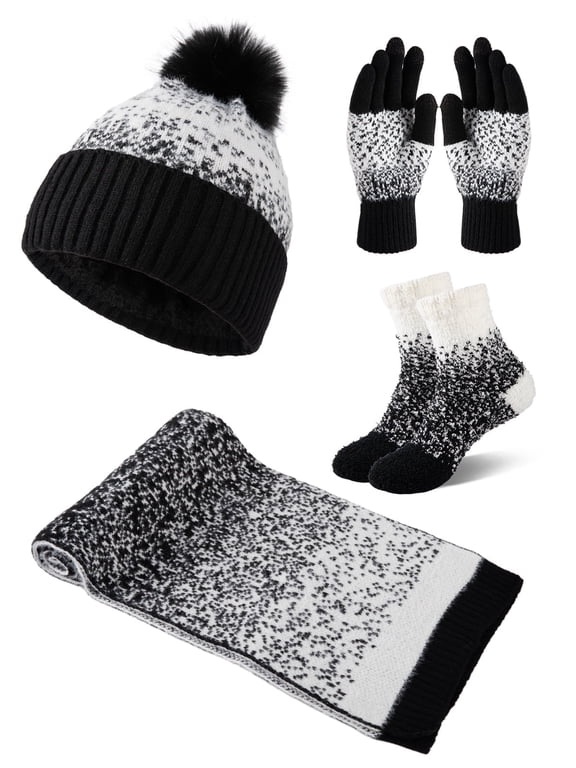 4 Pcs Women Winter Christmas Hat Scarf Gloves Socks Set Knitted Beanie Cap Touchscreen Gloves Long Neck Warmer Set with Warm Floor Socks for Women