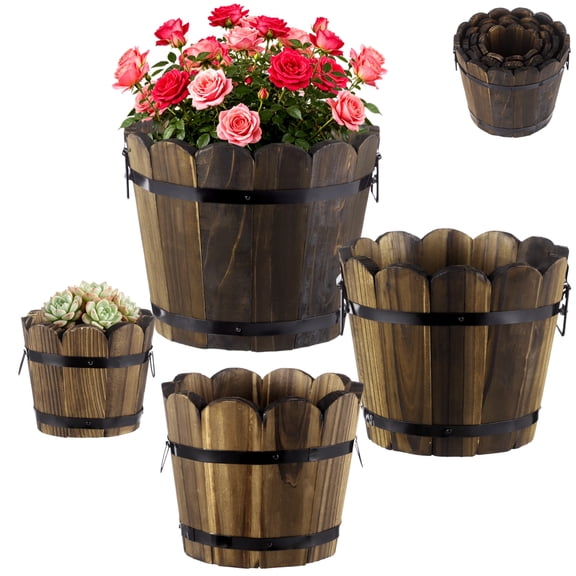 4 PCS Wooden Whiskey Barrel Planters, Wavy Edge Rustic Bucket Flower Pots with Metal Handles, Round Garden Accessory for Succulents Flowers Veggies, Outdoor Indoor Home Porch Yard Container