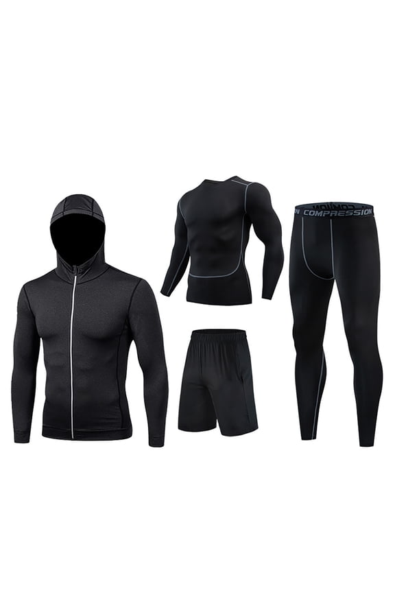 4 PCS-Workout Outfit for Men's Compression Set Running Gym Jacket Hoodies Clothes for Men Basketball Clothes Set