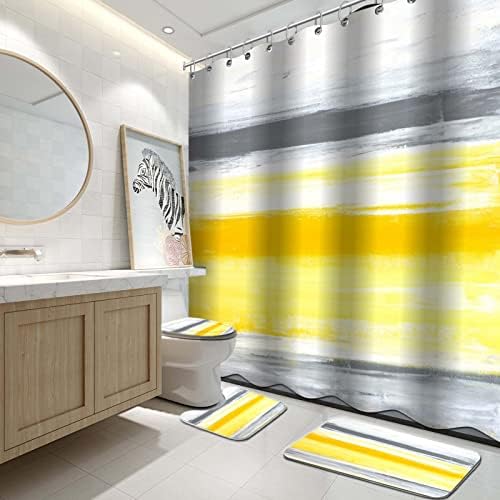 4 PCS Yellow Grey Shower Curtain Set Modern Bathroom Sets with with Non