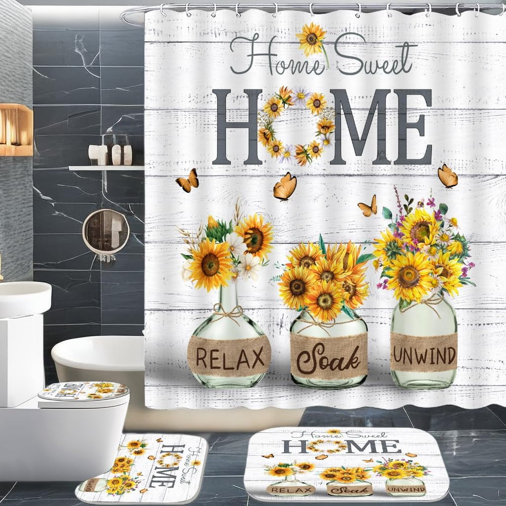 4 PCS Yellow Sunflower Shower Curtain Set,Home Sweet Bathroom Set with ...