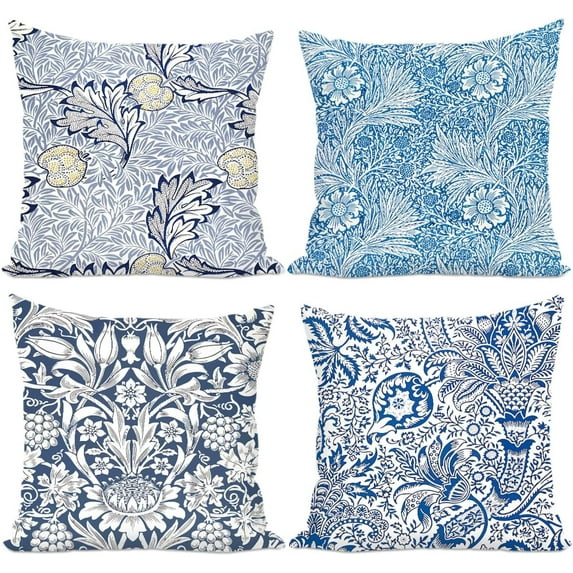 4 PCs Pillow Covers Vintage Botanical Pillow Covers 18x18, Blue Floral Flower Pillow Cases Throw Pillow Covers, Pillow Protectors for Living Room Couch Sofa Decor, Decorative Pillow Covers Pillowcase