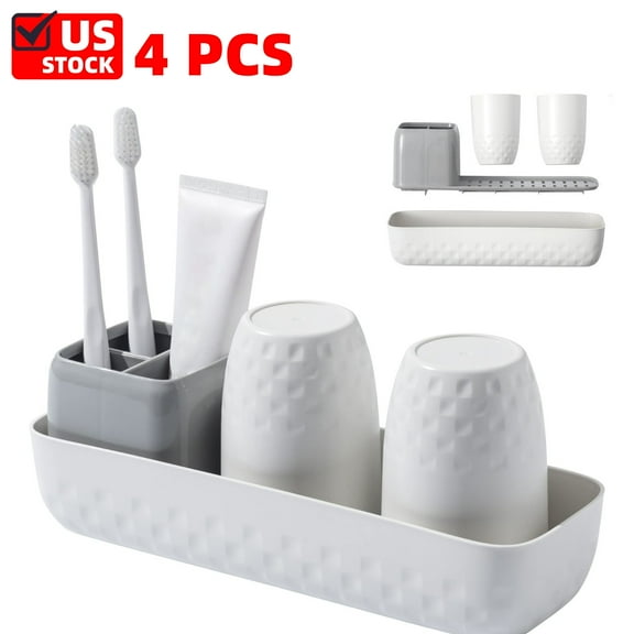 4 PCs Toothbrush Holder for Bathrooms, Toothbrush Organizer Countertop for Toothbrush Storage, Toothbrush and Toothpaste Holders Set with 3 Slots, Tooth Brushing Cup Caddy for Family-White