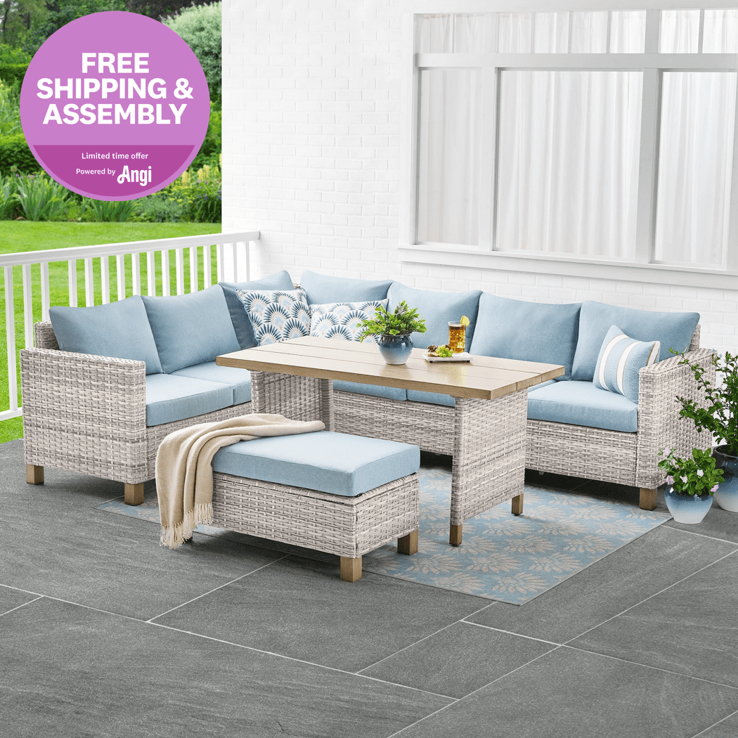 Better Homes & Gardens Brookbury 4-Piece Outdoor Wicker Patio Sectional Dining Set, White Wicker/Chambray Blue Cushions