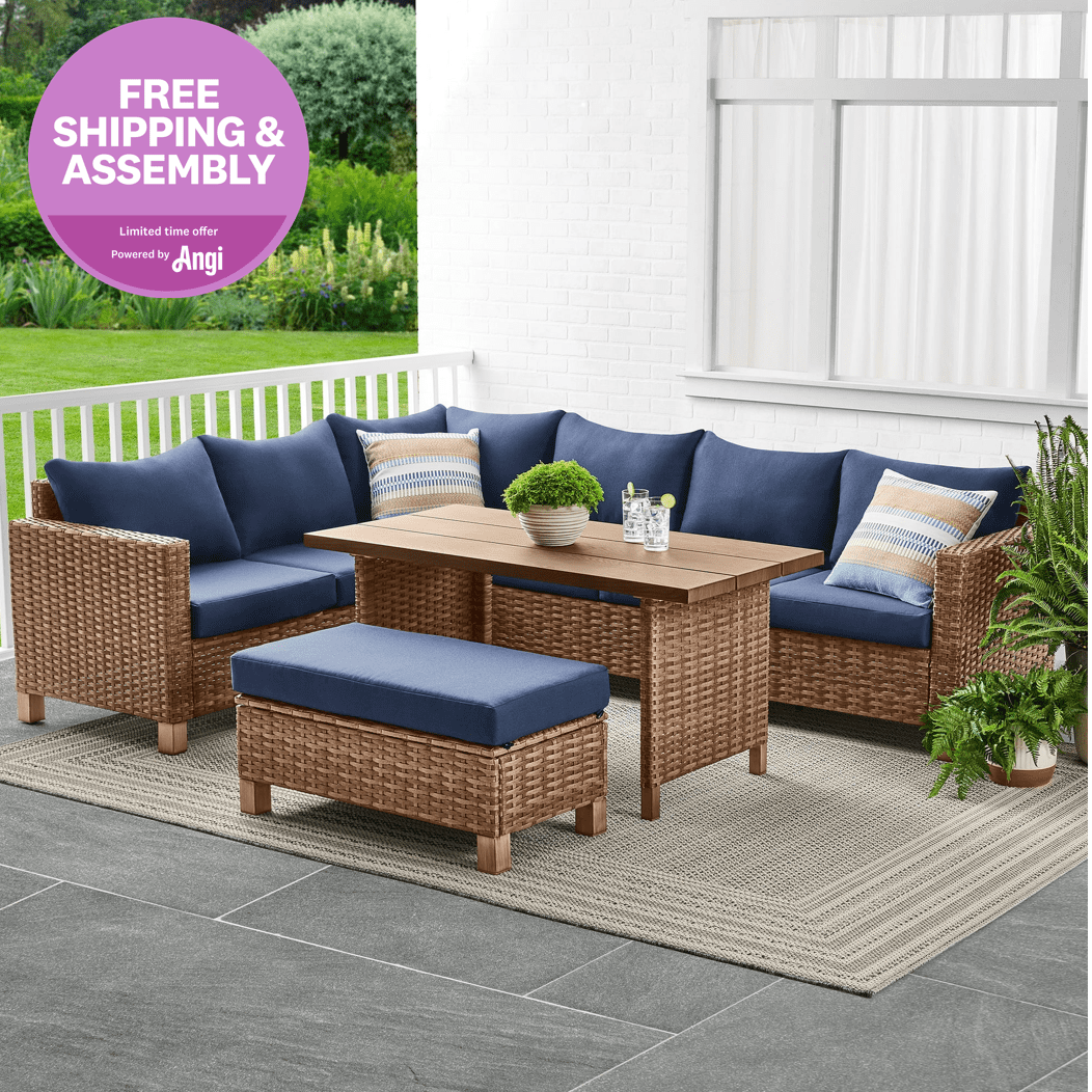 Better Homes & Gardens Brookbury 4-Piece Wicker Patio Sectional Dining Set with Navy Cushions