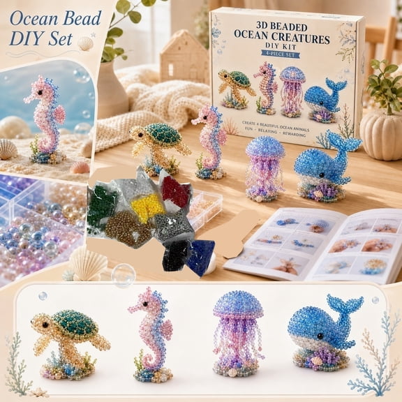 4-PIECT SET Ocean Creatures Bead String DIY Kit, Complete Craft Set for Sea Turtle, Seahorse, Jellyfish & Whale Figures, Handmade 3D Animal Home Decor, Includes Beads, Thread, Needle and Tools